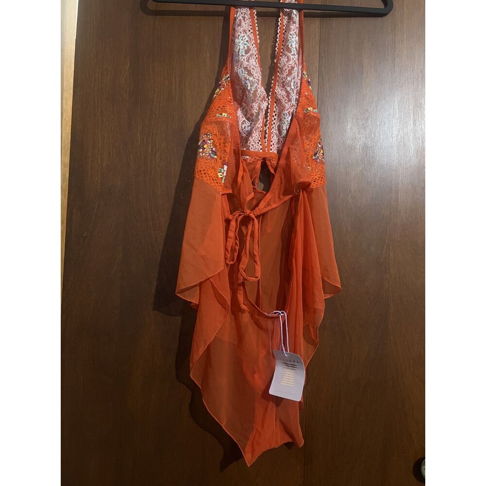 Savage X Fenty Sheer Mesh Sexy Lace Teddy Orange Embroidery Halter Floral 2XL
